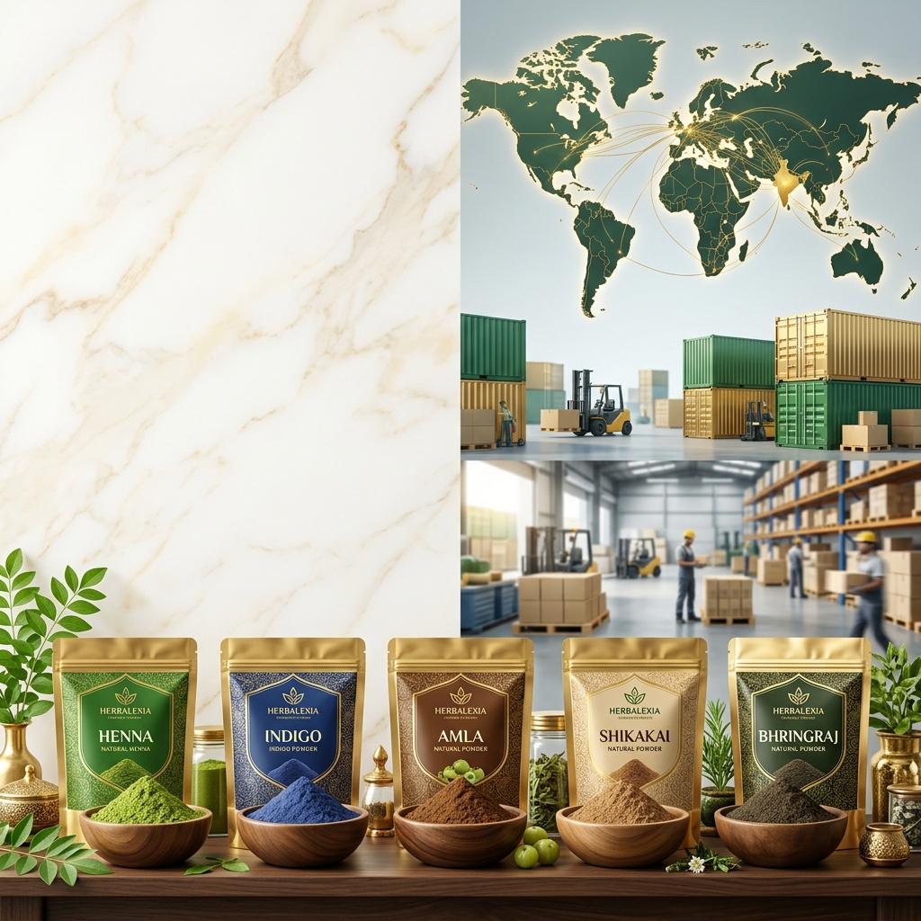 Herbalexia Premium Henna and Herbal Powders Export Collage Banner